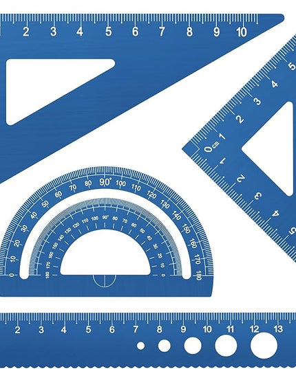 Honagu Triangular Ruler Set, 4 Pieces Aluminum Alloy Ruler, Metal Drafting Ruler, Geometric Protractor for Students, Draftsmen, Engineers, School Office Supplies (Blue)