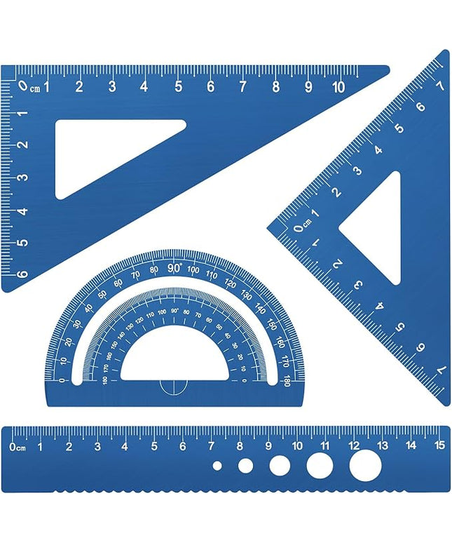 Honagu Triangular Ruler Set, 4 Pieces Aluminum Alloy Ruler, Metal Drafting Ruler, Geometric Protractor for Students, Draftsmen, Engineers, School Office Supplies (Blue)