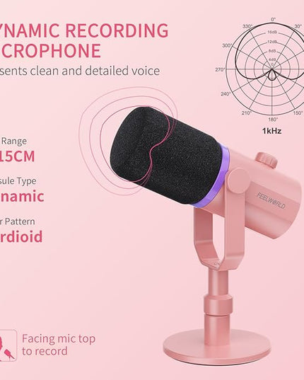 FEELWORLD PM1 XLR USB Dynamic Microphone with Desktop Stand Gifts for Podcast Recording PC Computer Gaming Streaming Vocal Voice-Over, Studio Metal Mic, RGB Light, Mute Button, Headphones Jack (Pink)