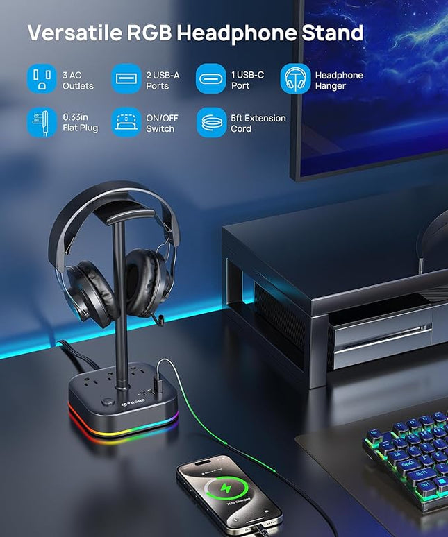 TROND Headphone Stand with USB C, Desk Gaming Headset Holder with 3 AC Outlets, 2 USB-A and 1 USB-C, Headset Stand with 5 RGB Light Modes, for Gaming Desk Accessories Gamer Boyfriend Gifts