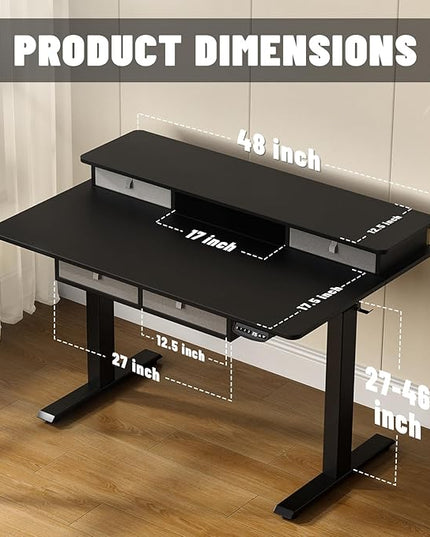 48 * 30 Inches Electric Standing Widened Desk Adjustable Height with 4 Drawers, Double Storage Shelves, Home Office Workstation Sit Stand up Desk (Classical Black)