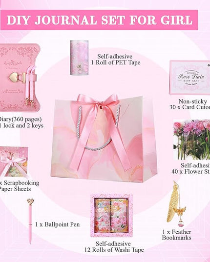 Janlaugh DIY Journal Diary with Lock Set Scrapbook Kit Stationary Diary Supplies Art Crafts Kit for Birthday Holidays Ideal Gifts for Women Teen Girls(Pink,Classic)