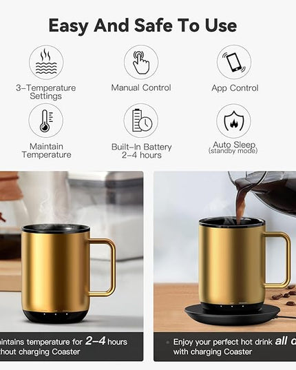 Vsitoo S3 Plus 14oz Heated Coffee Mug- Temperature Control Smart Mug with Mug Warmer, Auto-Sensing AI Heats Drinks to 120-150°F Hands-Free.Ideal for Home/Office/Gifts，Gold