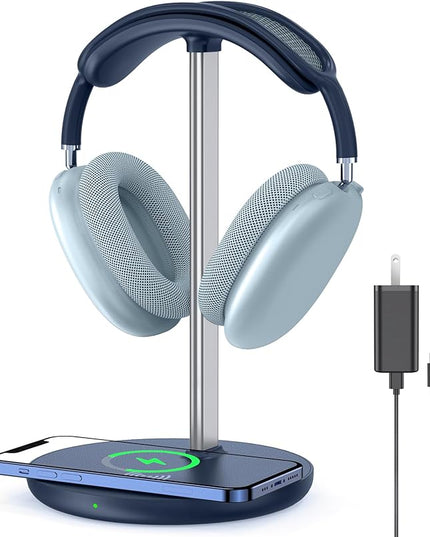 Headphone Stand with Wireless Charger, Gaming Headset Holder Hanger Rack 2 in 1 Wireless Charging Station Dock for iPhone 15/14/13/12/11 Series, Samsung, AirPods Pro/3/2, Aluminum Alloy Rod, Navy Blue
