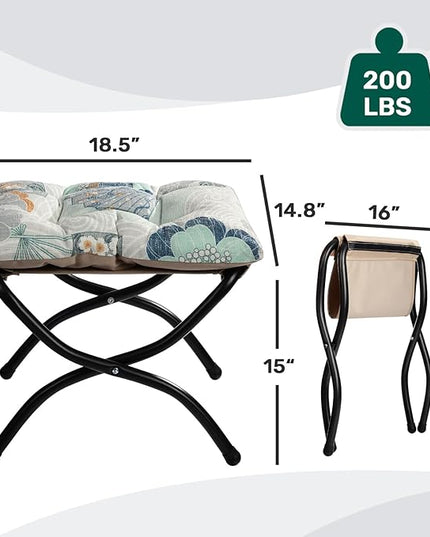 HollyHOME 15"(H) Folding Footrest Stool, Upholstered Small Foldable Ottoman, Accent Padded Sofa Foot Stool for Lazy Chair, Metal Frame Portable Foot Rest Ottoman for Living Room, Bedroom, Fan Print
