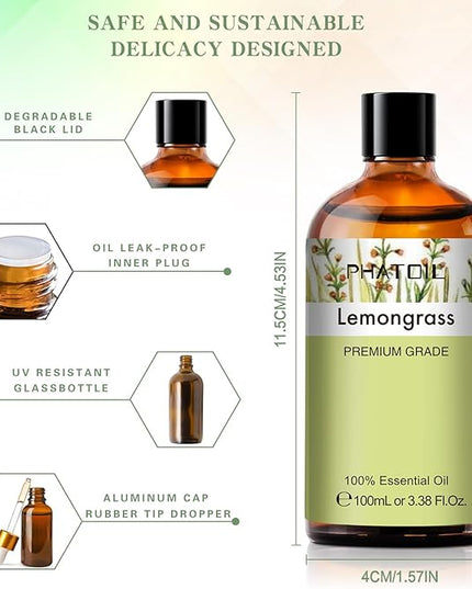 PHATOIL 100ML Lemongrass Essential Oil, 3.38FL.OZ Essential Oils for Diffuser, Humidifier, Relax, Aromatherapy, Lemongrass Oil Scented Oils for Soap, Candle Making