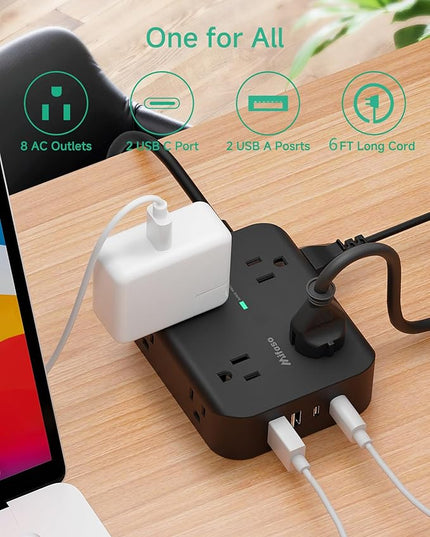 Power Strip Surge Protector - Flat Plug, Wall Mount, 6FT Extension Cord with Multiple Outlets, 8 Wide Outlets with 4 USB Ports (2 USB C), Charging Station Overload Protection Home Apartment Essentials