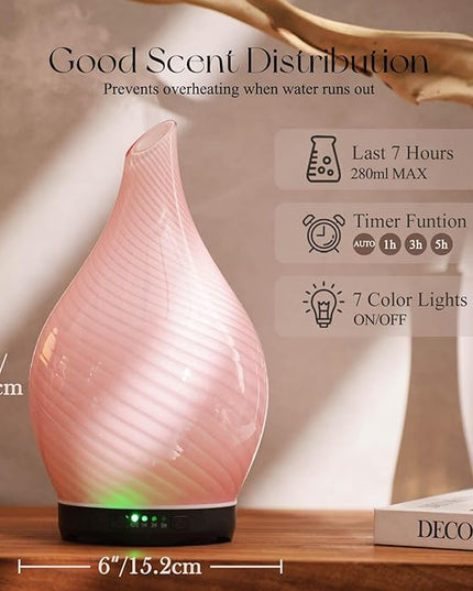 Porseme 280ml Essential Oil Diffuser Glass Color Changing Aroma Air Diffusers Aromatherapy Ultrasonic Cool Mist Humidifier 7 Running Hours Waterless Auto-Off for Sleeping, Yoga, Spa (Pure Pink)