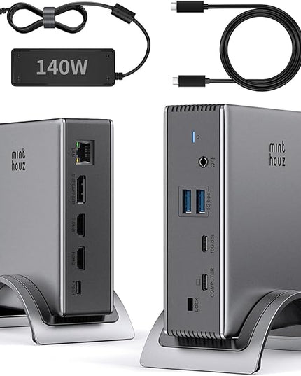 USB C Docking Station, Minthouz PD3.1 Docking Station 3 Monitorswith 4K@144Hz 2*HDMI+DP 140W PD Charge,USB-C 10Gb,2*USB-A 5Gbps, Gigabit Ethernet, Audio/Mic for Chrome OS & Windows