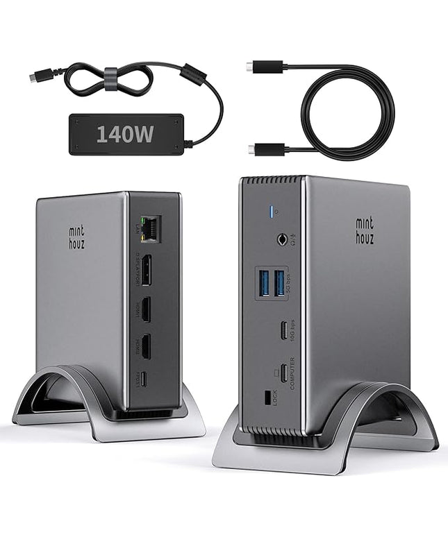 USB C Docking Station, Minthouz PD3.1 Docking Station 3 Monitorswith 4K@144Hz 2*HDMI+DP 140W PD Charge,USB-C 10Gb,2*USB-A 5Gbps, Gigabit Ethernet, Audio/Mic for Chrome OS & Windows