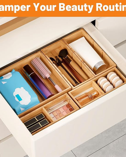 SpaceWhisper Bamboo Drawer Organizer, 5-Piece Drawer Divider with Removable Dividers for Organization and Storage, Multi-Use Stackable Storage Box & Utensil Holder for Kitchen, Office, Makeup & More