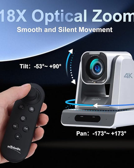 zowietek 4K USB/HDMI/LAN PTZ Camera, Ergo-Ease Remote Control, Auto Focus, 18X Optical Zoom, Live Streaming for Video Conference, Meeting, Church, Event, Teaching