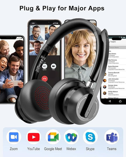 Blue Air Wireless Headphones with Microphone, Bluetooth Headset with Noise Cancelling Mic & USB Dongle & Mic Mute, 40H Playtime, Powerful Sound, for Work Meetings Calls Computer Laptop PC Phone