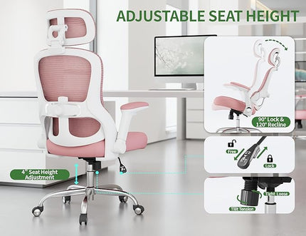 Office Chair Ergonomic Desk Chair, 4000 LBS Home Mesh Office Desk Chairs with Wheels, Computer Chair, Comfortable Gaming Chair with 3D Headrest, High Back Office Chair for Long Hours (Pink)