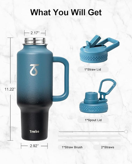 Trebo Insulated Water Bottle 40oz that Fits in Car Cup Holder with Spout Straw Lids, Stainless Steel Bottles Travel Flask with Handle, Metal Reusable Tumbler, Leakproof Keep Cold &Hot,Indigo/Black