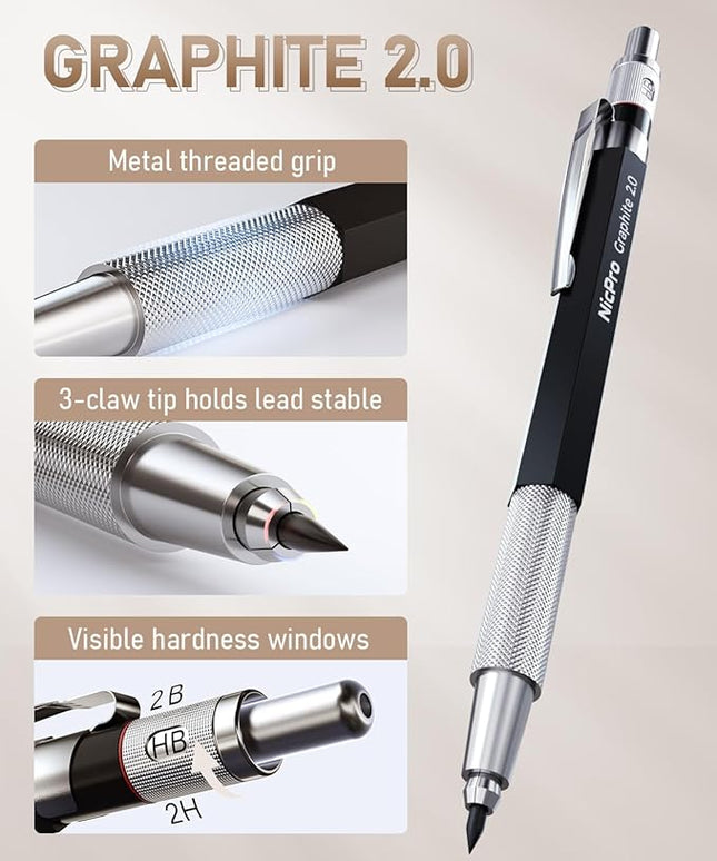 Nicpro 30PCS Art Mechanical Pencil Set in Leather Case, Metal Drafting Pencil 0.5 mm, 0.7 mm, 0.9 mm & 3 PCS 2mm Lead Holders for Sketching Drawing With 16 Tube (6B 4B 2B HB 2H 4H Colors) Lead Refills