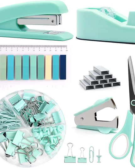 Green Office Supplies,UPIHO Teal Desk Accessories,Stapler and Tape Dispenser Set for Women with Stapler,Tape Dispenser,Staple Remover, Staples, Clips, Scissor and Tabs for Students, Office Clerks