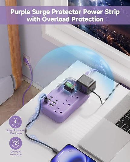 6 USB(2 USB C) Purple Travel Power Strip- 5Ft Lavender Extension Cord with 24W USB Charging Station and 4 Outlets, Purple Desk Accessories with Surge Protector for Cute Kawaii Office Dorm Room
