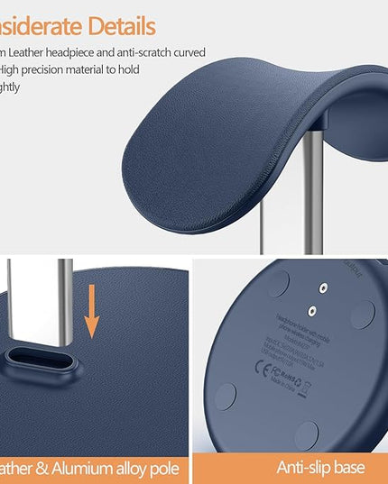 Headphone Stand with Wireless Charger, Gaming Headset Holder Hanger Rack 2 in 1 Wireless Charging Station Dock for iPhone 15/14/13/12/11 Series, Samsung, AirPods Pro/3/2, Aluminum Alloy Rod, Navy Blue