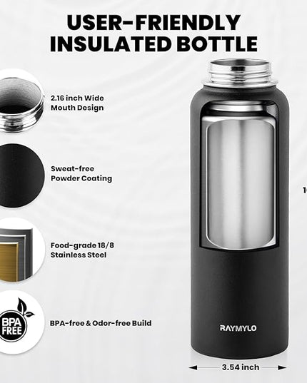 Insulated Water Bottle 40 oz, Triple Wall Vacuum Stainless Steel (Cold for 48 Hrs), Leak Proof & Non-BPA, Modern Water Flask Jug with Paracord Handle & Straw Spout Lids, Magic Black