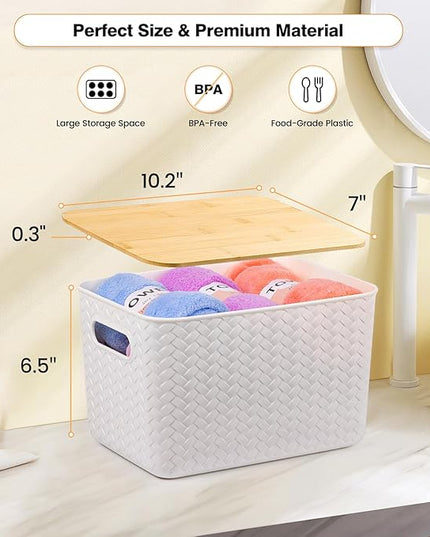 4 Packs Storage Bins with Bamboo Lids - Plastic Storage Containers with Lids Stackable Storage Box：Storages Baskets for Organizing Desktop Closet Playroom Classroom Office,White