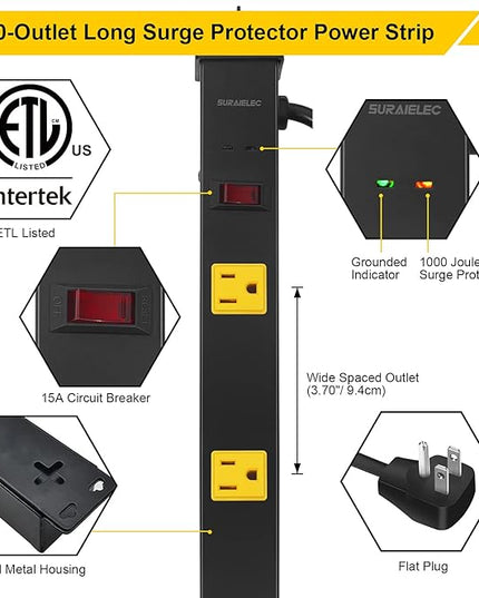 SURAIELEC 10 Outlet Long Power Strip Surge Protector, Industrial Heavy Duty Metal Shop Power Strip with Flat Plug, 1000 Joules, 15 AMP Breaker, 6FT Cord, Wall Mountable, for Work Bench, Shop, Garage
