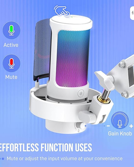 FIFINE Gaming PC USB Microphone Kit, Condenser RGB Mic with Metal Boom Arm, Mute, Gain Knob, Headphones Monitoring, Streaming Microphone Bundle for PS4/PS5, YouTube, Discord, Twitch-A8T White