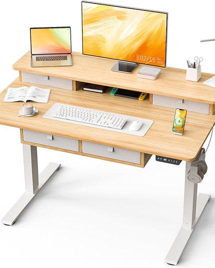 Kingant Standing Desk with Drawers & USB Charging Port, 48" x 30" Height Adjustable Home Office & Gaming Desk, Sit Stand Desk with Built-in Storage Shelf, Hook & Ergonomic Design(Maple)