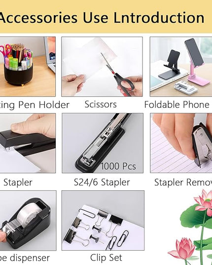 Office Supplies,Desk Accessories,with Stapler, Tape Dispenser,Desk Organizer,Folding Phone Holder,Pen,Journal Notebook,Scissor,Staple Remover,Staples,Clear Tape,Sticky Notes,Paper Clips,Bookmark,Ect