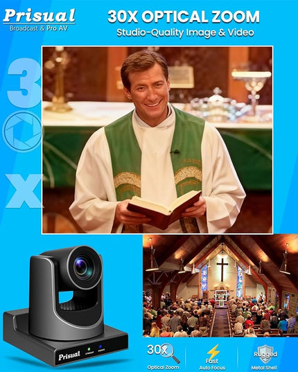 Prisual PTZ Camera System Gen 5, 30X Optical Zoom, Advanced AI Auto Tracking, PoE HDMI SDI Bundle PTZ for Church Worship,NDI PTZ Controller, (PTZ Bundle TEM-30S PROx2+TEM-JOY1)