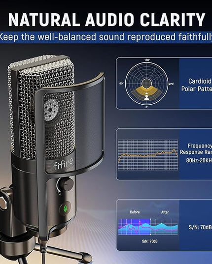 FIFINE Podcast Recording Microphone, PC USB Condenser Microphone for Streaming Vocal Music, Computer Desktop Mic with Mute Button for Windows/Mac OS-K669PRO1