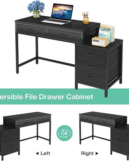Tribesigns Computer Desk with 5 Drawers, Home Office Desks with Reversible Drawer Cabinet Printer Stand, Industrial PC Desk with Storage, Rustic Study Writing Table Workstation for Small Spaces, Black