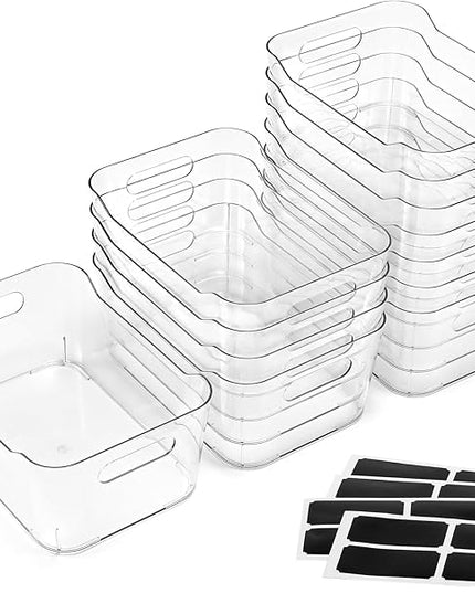 12 PACK Multi-Use Clear Plastic Storage Bins for Organizing w/ Labels - Home, Kitchen, Bathroom, Office, Pantry Cabinet Shelf Organizer Bins - SOHO Collection, RV, Fridge Organization Containers