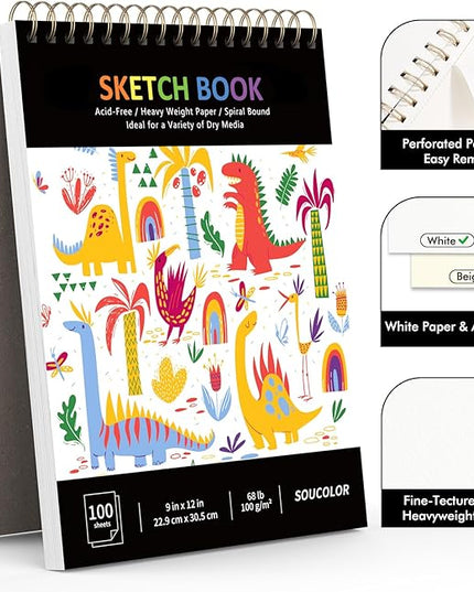 Soucolor 9" x 12" Sketch Book, 100 Sheets Spiral Bound Art Sketchbook, Acid Free Artist Drawing Book Paper, Art Supplies for Adults, Craft Activities, Sketch Paper for Drawing Coloring Sketching