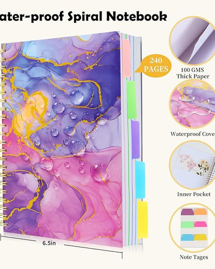 5 Subject Notebook College Ruled, A5 Spiral Notebook with Removable Pocket Dividers Tabs, Lined Organizer Notebook Journal for Women, 240 Pages Notebooks for Work School Note Taking, Pink Marble