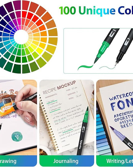 Dual Brush Pens, Markers Adult Coloring Book,100 Colors Art Pens with Fine Point Markers and Brush Tip for Adult Kids Drawing (Black Set)