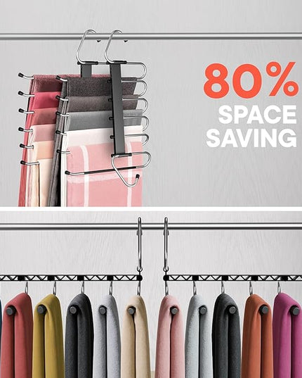 Black Space Saving Pants Hangers 2 Pack, 6 Layer Jeans Hangers and Closet Organizer for Jeans, Scarves, Skirts, Multi-Layer Hanger with Anti-Slip Coating & Stopper, Heavy-Duty S-Type Stainless Steel