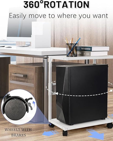 PC Stand Computer Tower Stand 2-Tier Metal CPU Holder with Locking Caster Wheels Suitable for Most PC (S,White)