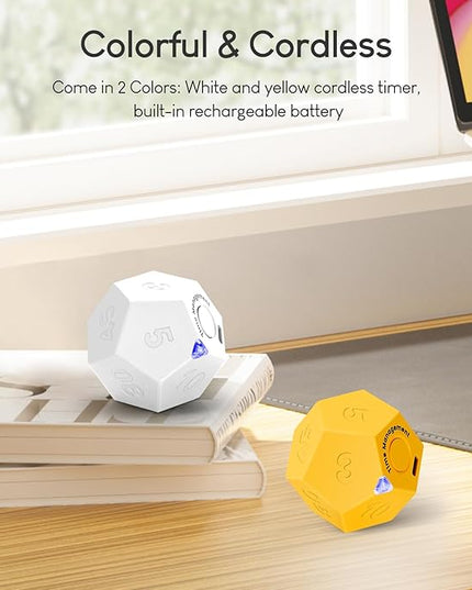 Yellow Pomodoro Timer - 11 Preset Productivity Cube, Ring/Vibrate Mode, Rechargeable, Perfect for Cooking, Learning, Exercise and Beauty