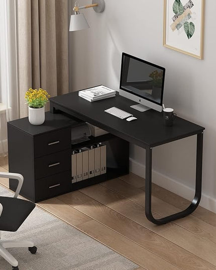 Homsee Home Office Computer Desk Corner Desk with 3 Drawers and 2 Shelves, 55 Inch Large L-Shaped Study Writing Table with Storage Cabinet - Black