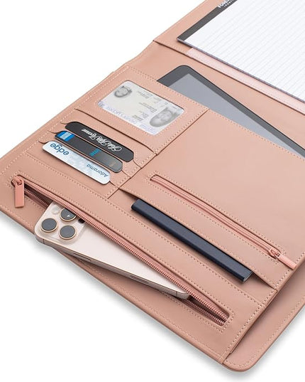 FOREVERMORE PORTFOLIOS Padfolio Binder Organizer for Women | Faux Leather Portfolio Folder for Resume, Documents, Notebook, Tablet and Business Cards | Notepad Included - Pink
