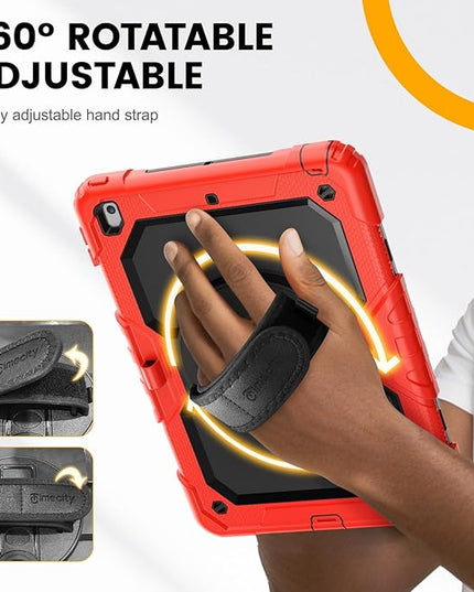 Timecity Case for iPad 9th/ 8th/ 7th Generation 10.2 inch - Heavy Duty Protective Cover with Screen Protector, Rotating Stand, Shoulder Strap & Pencil Holder | Kids-Friendly (Red)