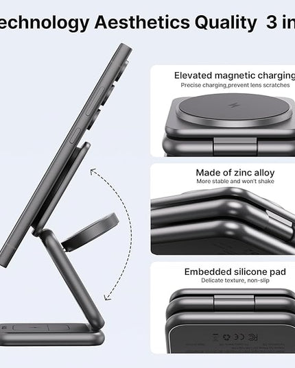 KU XIU Wireless Charger for Samsung,Zinc Alloy Foldable 3 in 1 Wireless Charging Station for Samsung Galaxy S25 Ultra S24 S23 S22 Note Z Fold 7 Flip/Buds,Fast Charger for Galaxy Watch Ultra 8 7 6 5 4
