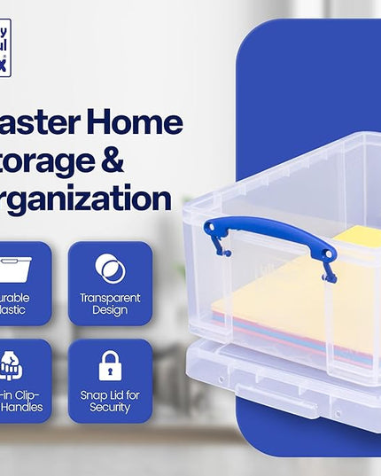 Really Useful Box Stackable 9 Liter Plastic Storage Container Bin with Snap Lid and Built-In Clip Lock Handles for Home & Office Organization (3 Pack)