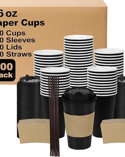 Coolcap 16 oz 500 Pack Coffee Cups with Lids and Sleeves, Straws, Hot Disposable To Go Travel Paper Cups Bulk for Office, Home Coffee Bar Accessories, Chocolate, Cocoa, Beverage (Black)