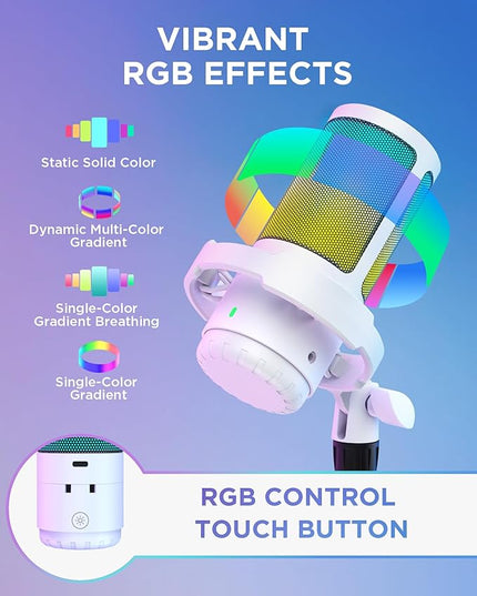 InnoGear USB Gaming Microphone Set, Noise Cancellation Condenser Mic with Boom Arm RGB Mute Headphones Jack for Streaming Podcasting Recording Vocal PC Computer YouTube Discord PS4 PS5, White