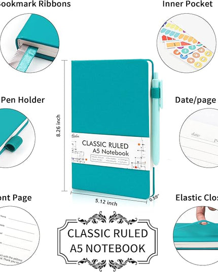 feela 18 Pack Journal Notebook for Work, Business Notebook Bulk Hardcover Lined Writing Journal with Pen Holder for Men Women Note Taking, with 18 Black Pens, 120 GSM, 5.1”x8.3”, A5, Emerald