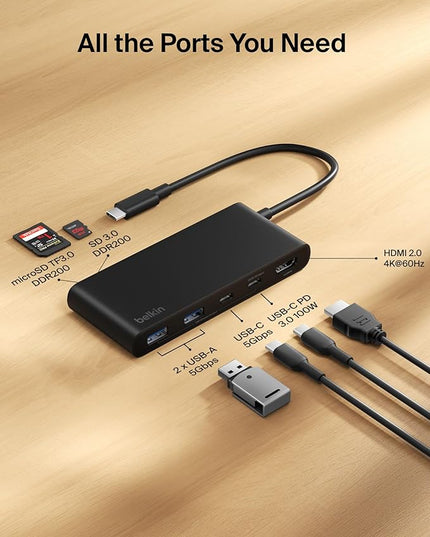 Belkin USB C Hub, 7-Port Hub w/ 4K HDMI Display @ 60Hz, SD & MicroSD, 100W Power Delivery, Fast Data Transfer 5Gbps, USB C Multiport Adapter for MacBook, iPad Pro, Chromebook, etc. - Upgraded HDMI 2.0