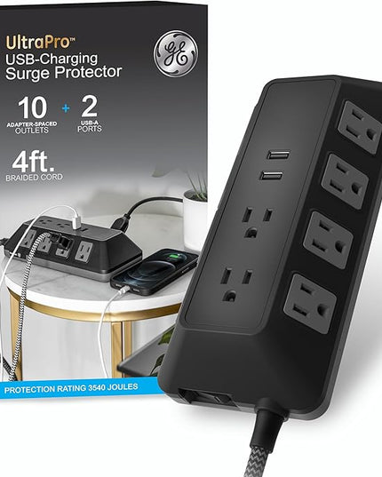 GE UltraPro Adapt 10-Outlet Surge Protector with USB Ports, 2 USB-A Ports, 2.4A, 12W, 4ft Braided Cord Power Strip Surge Protector, 3540 Joules, Black, 73775