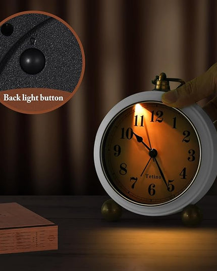 Tetino Analog Alarm Clock,Battery Powered Desk Clocks with Night Light,Silent Non Ticking,Retro Simply Design Alarm Clocks for Living Room, Bedroom, Bedside,Dormitory,Decor,Gift (White)